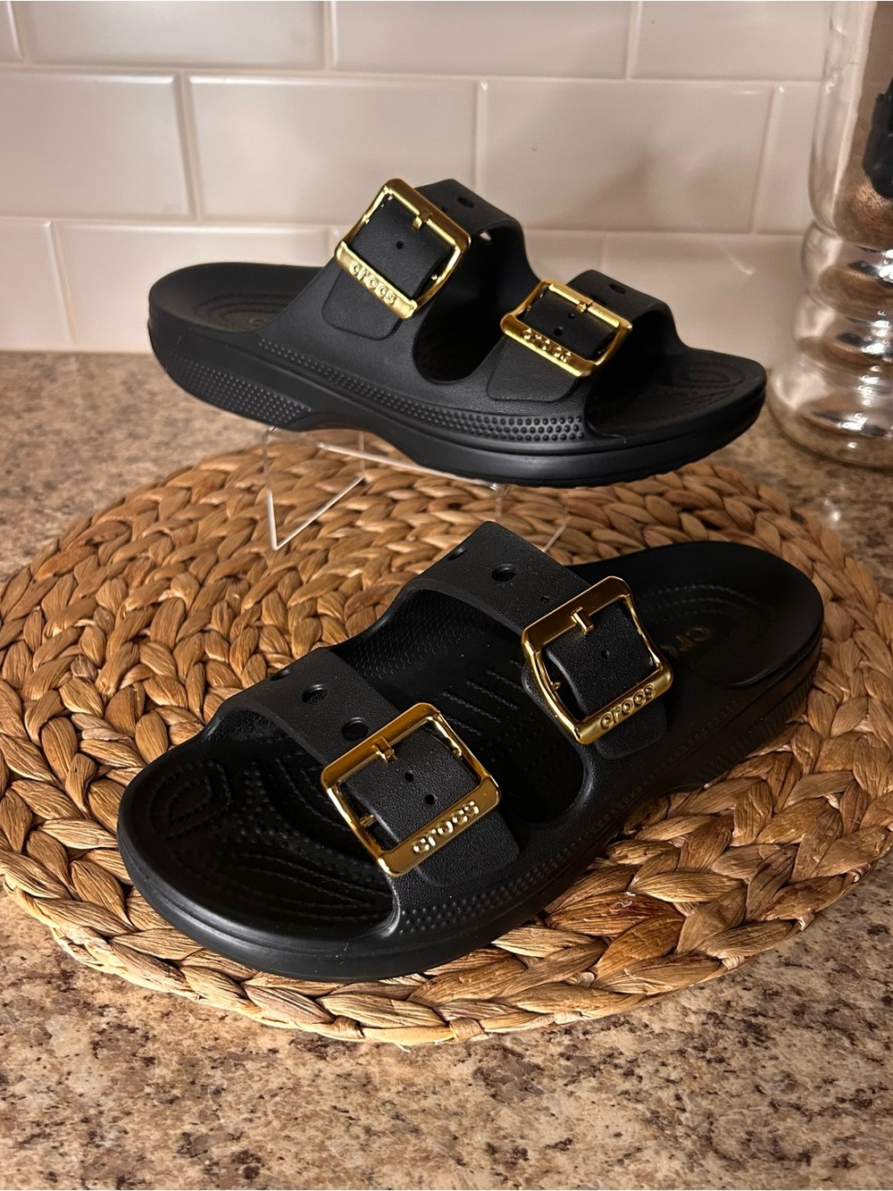 Crocs Classic Black Saturday Sandals w/Gold Buckles